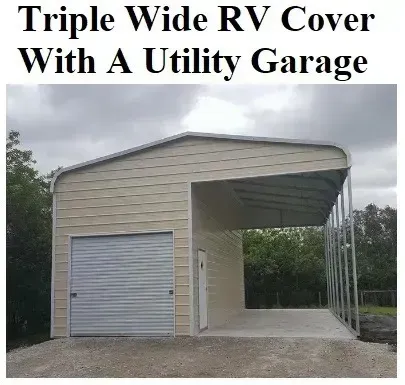 Triple-wide RV cover with utility garage, beige metal structure and gray roll-up door under cloudy sky