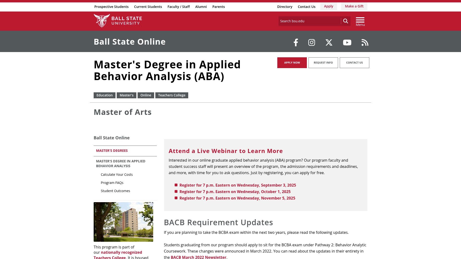 Ball State University webpage for Master's Degree in Applied Behavior Analysis (ABA). Red and white design.