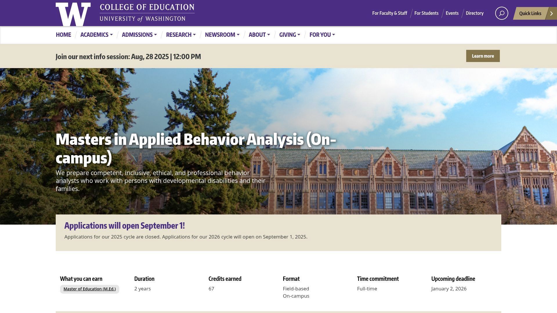 Website homepage for the University of Washington's Masters in Applied Behavior Analysis program, with a building background.