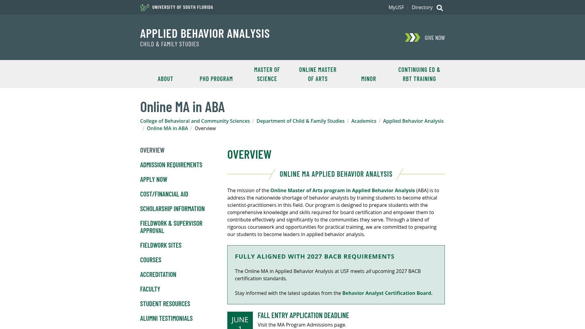 Website screenshot showing an online Master of Arts in ABA program with navigation and program overview.