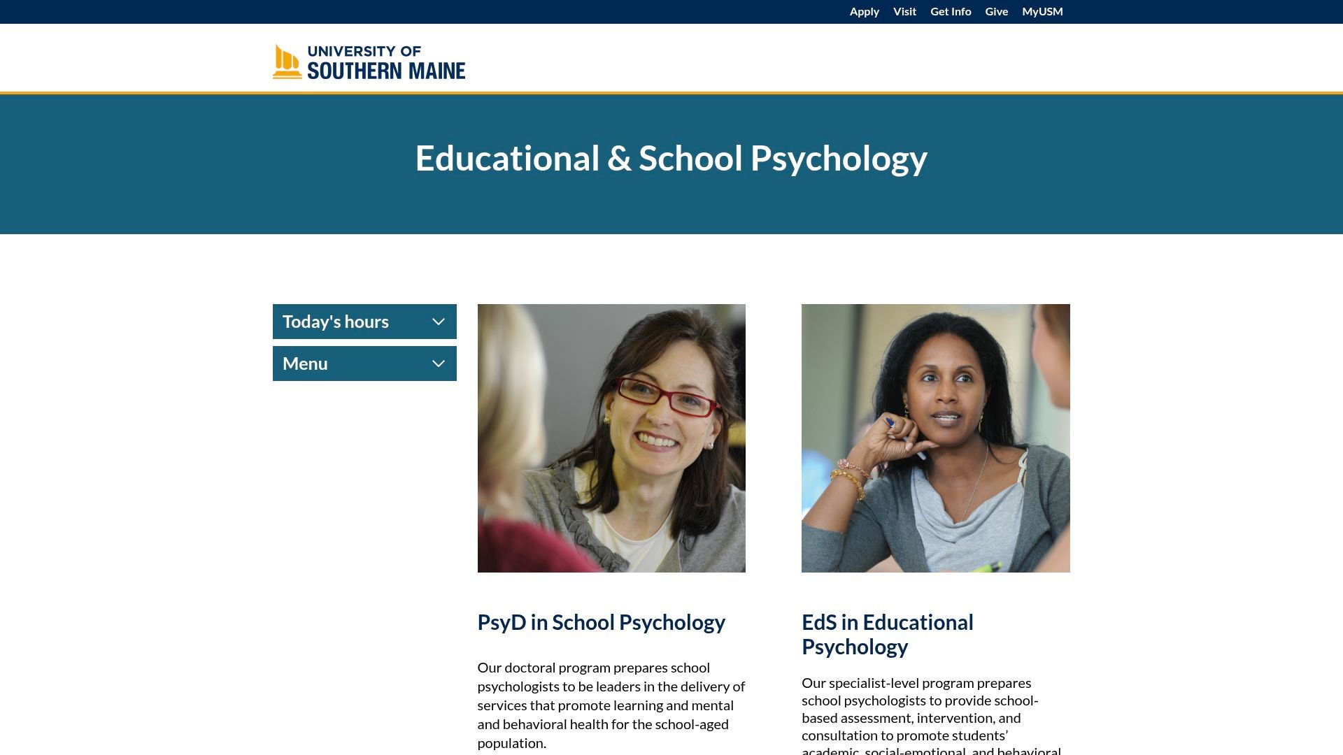 Webpage for Educational & School Psychology. Two smiling women in photos, text, and navigation menu.