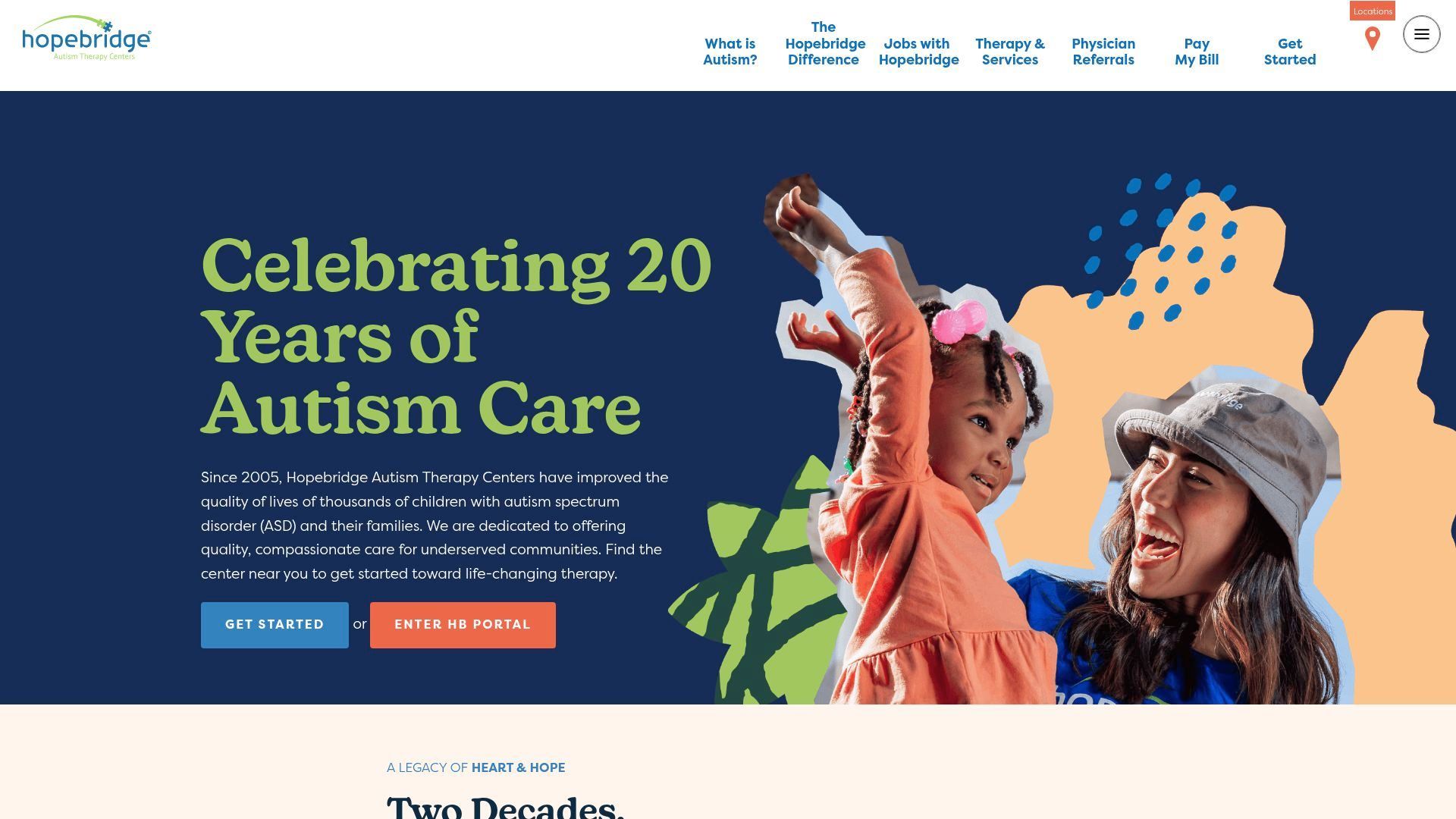 Child and woman laughing, celebrating 20 years of autism care, against a blue and orange background.