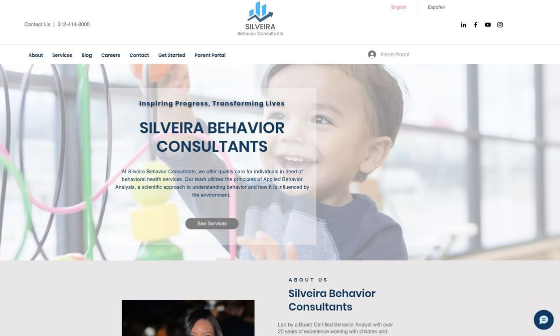 Website homepage for Silveria Behavior Consultants, with a child playing with toys.