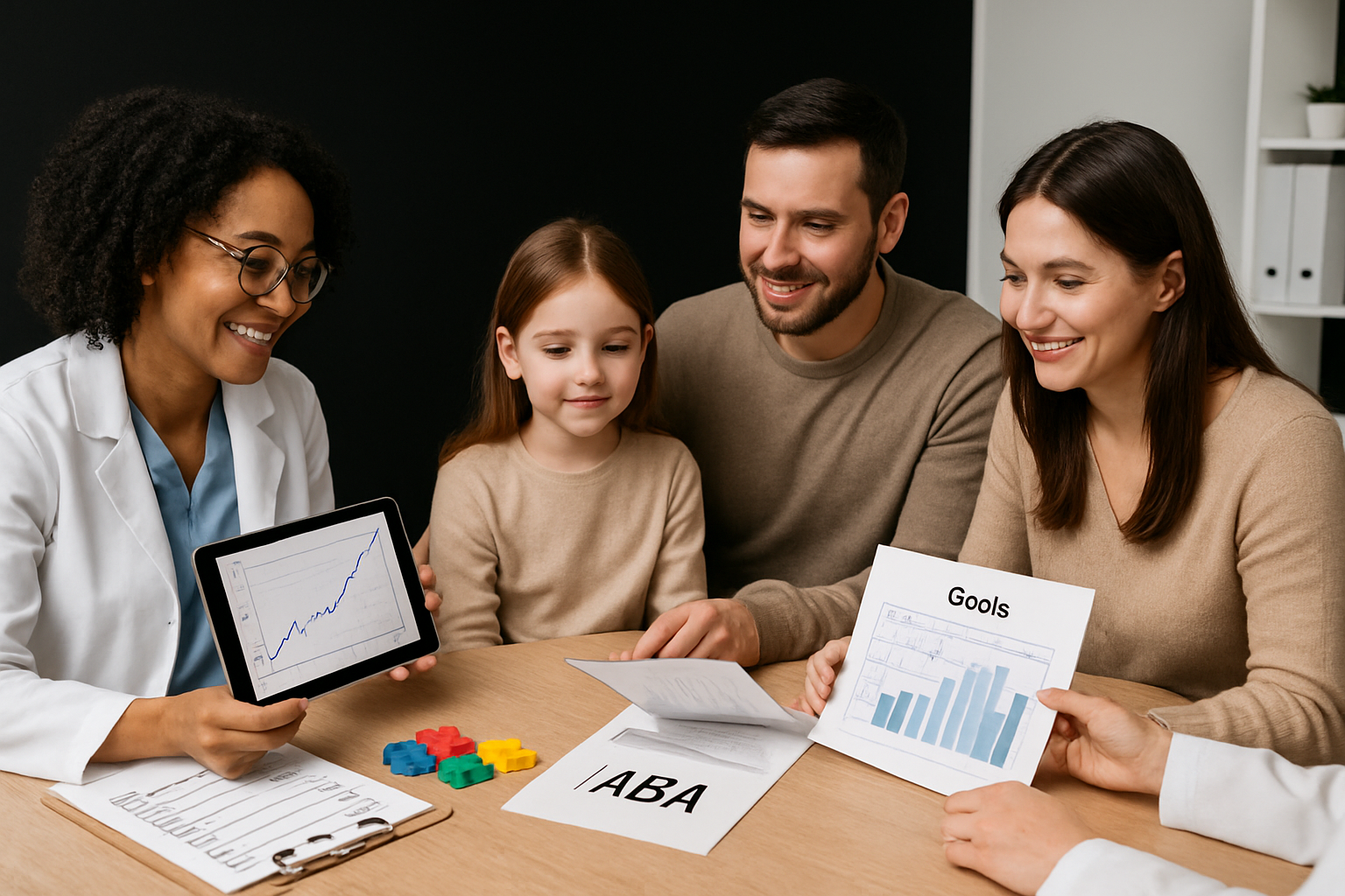 Doctor showing charts to a family seated at a table. Child looks on. ABA paperwork visible.