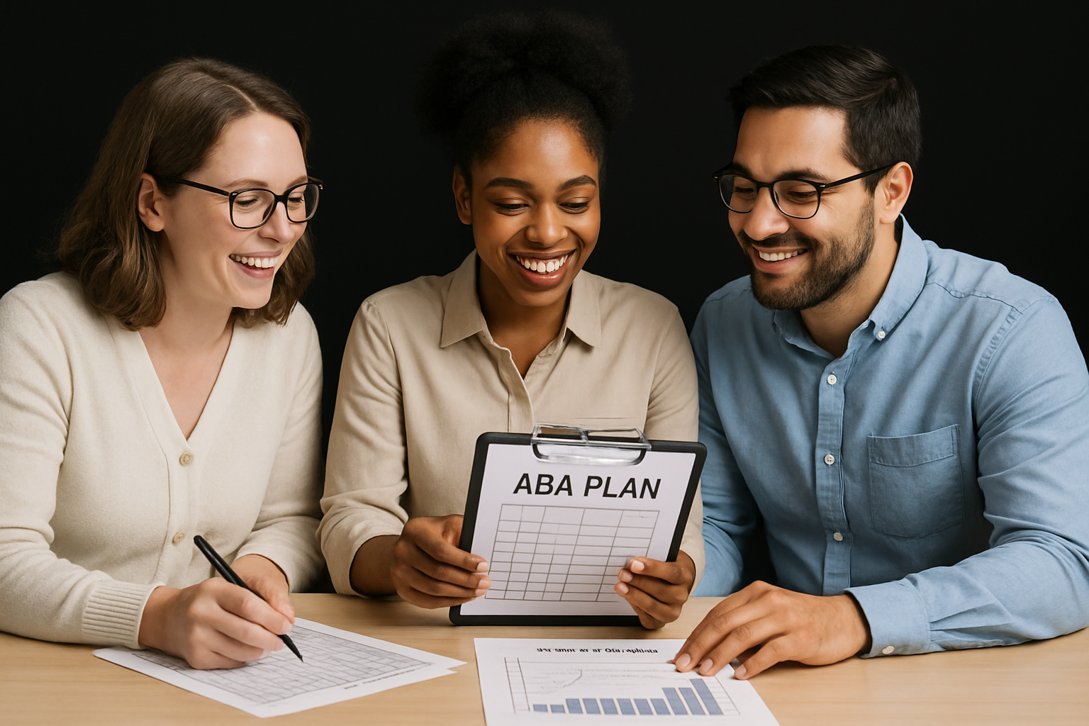 Three people reviewing a document labeled 