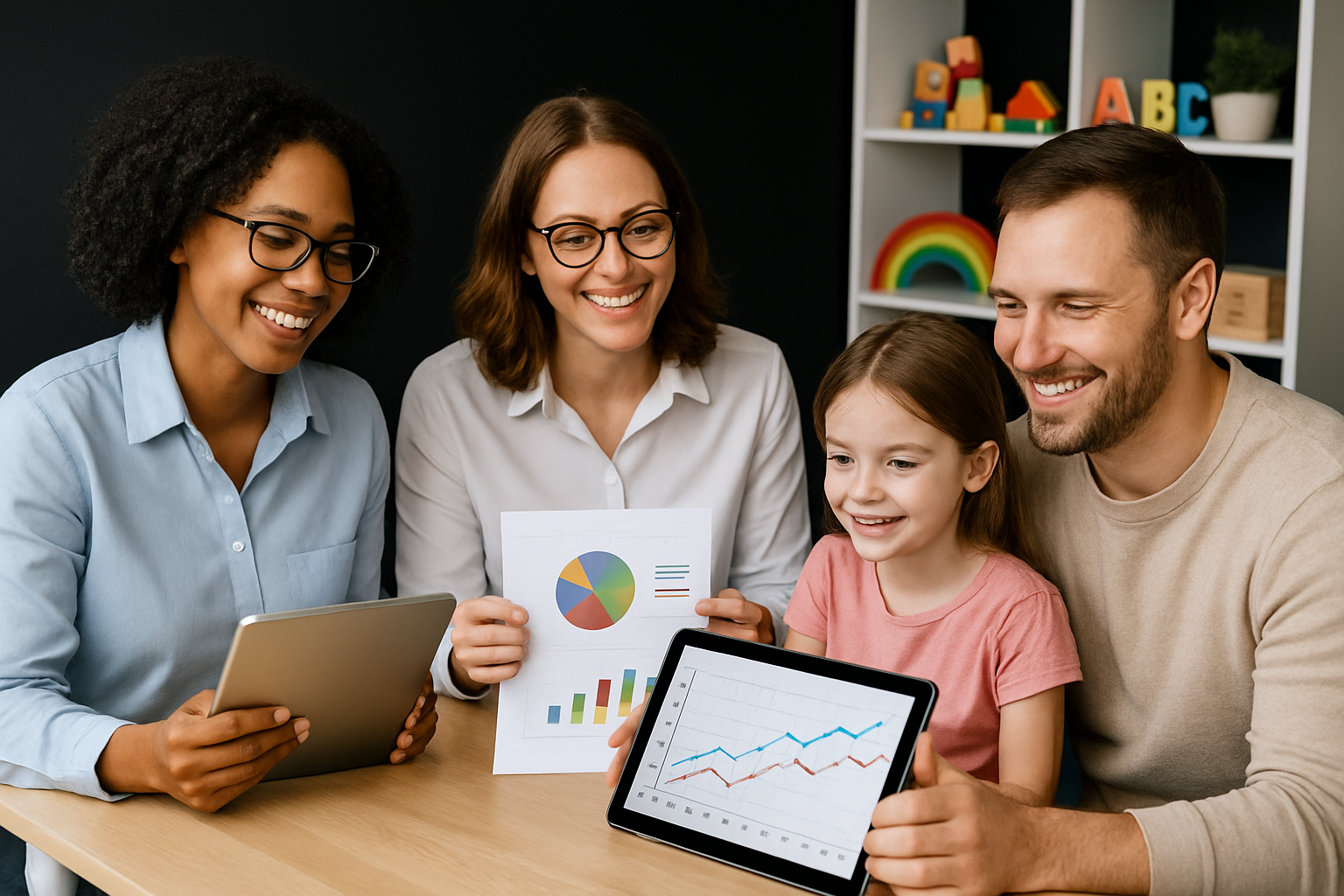 Four people, including a child, looking at charts and graphs on paper and a tablet.