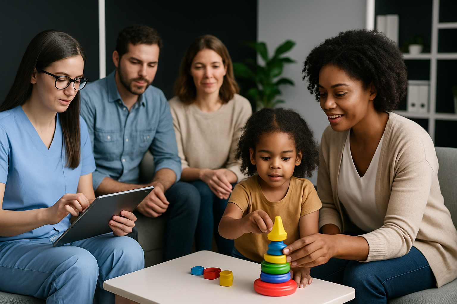 A child plays with a toy tower, observed by a healthcare provider and two adults, another adult present.