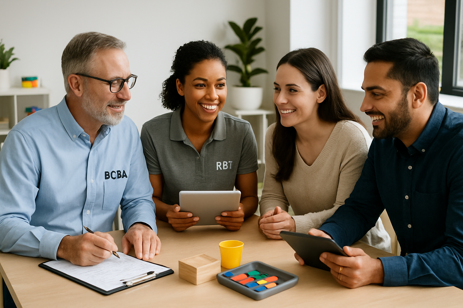 Four people at a table, two with tablets, smiling. One in a shirt labeled BCBA, another with RBT on their shirt.