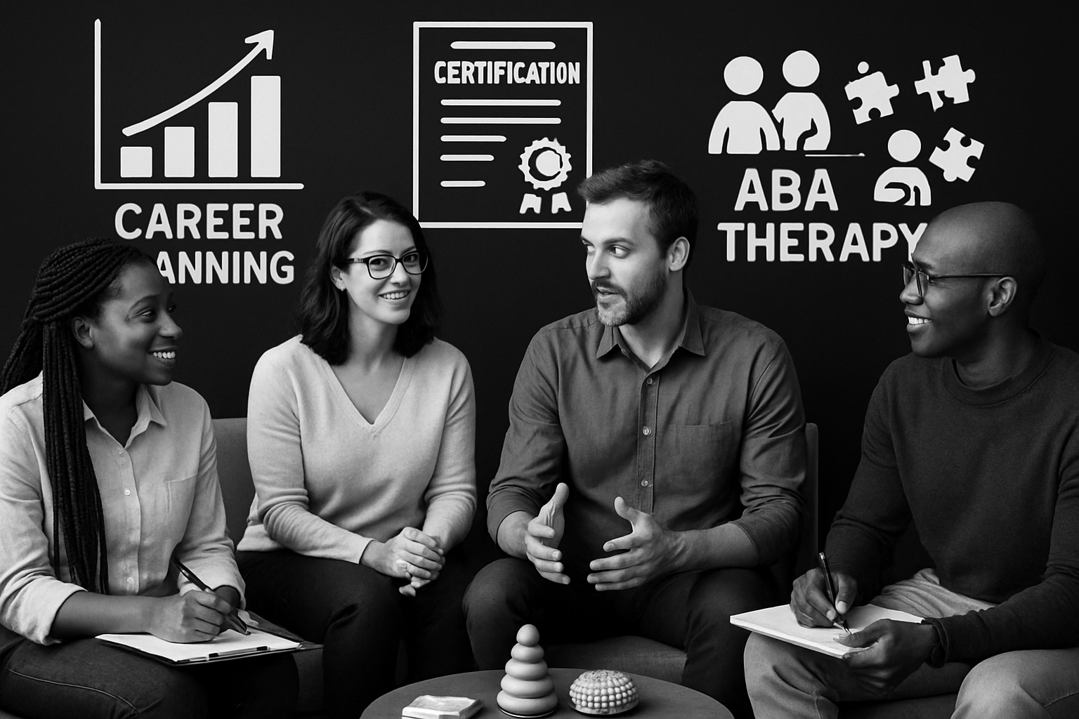 Four people seated, engaged in conversation, with career planning, certification, and ABA therapy icons in the background.
