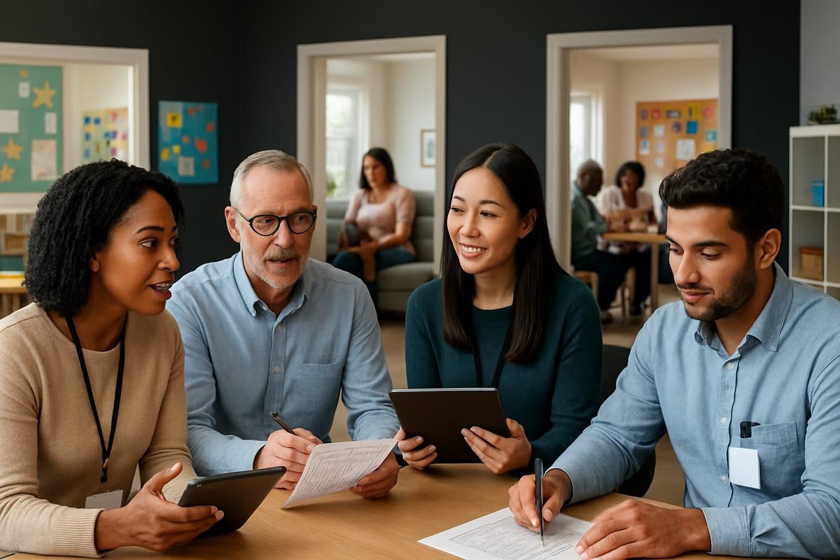 Four professionals collaborating at a table, holding papers and tablets; others in background.