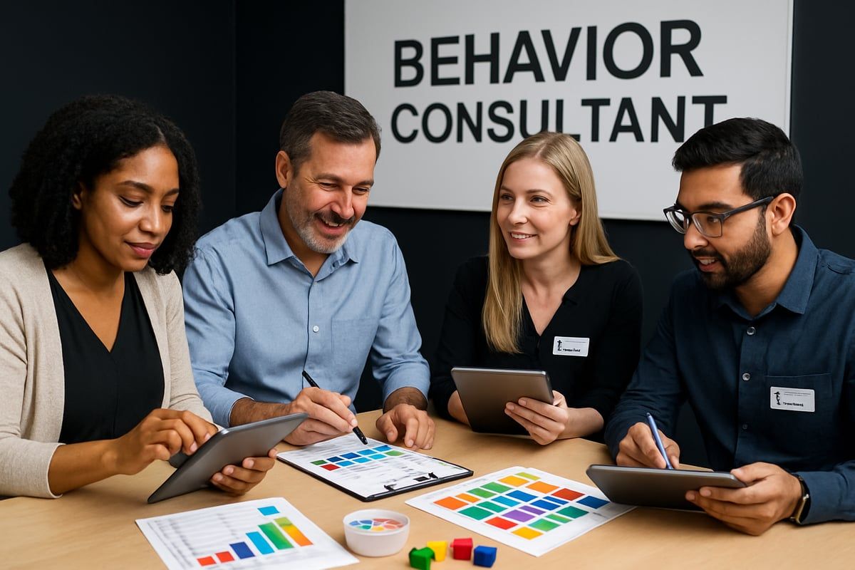 Four people at a table, looking at tablets and colorful charts; 
