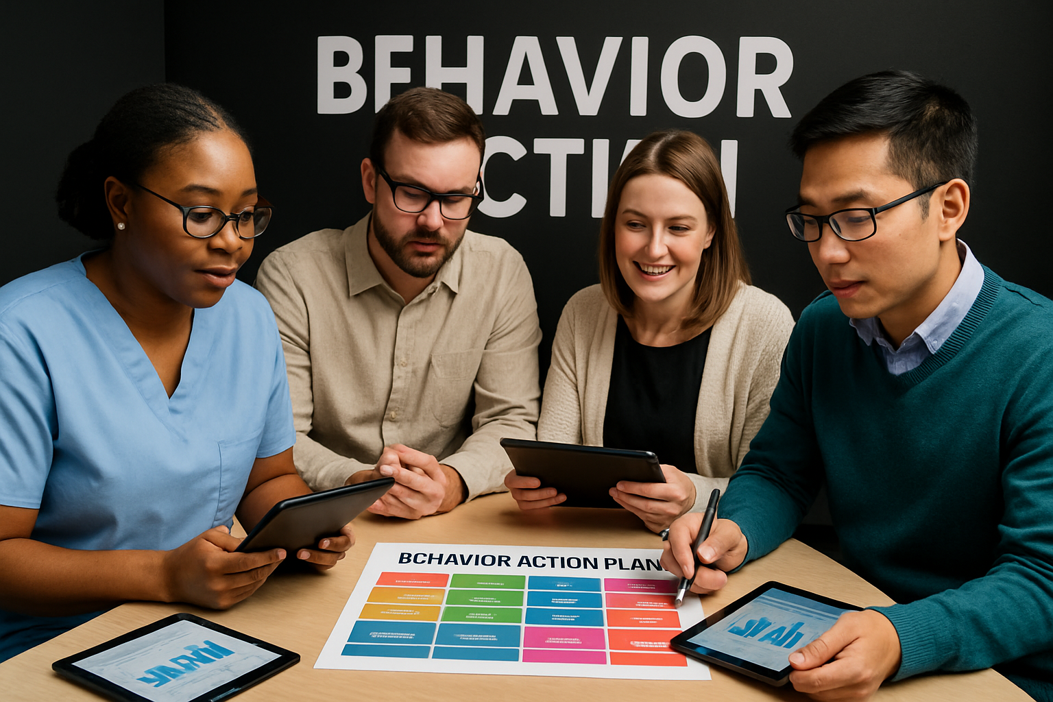 Four people looking at tablets and paperwork around a table with 