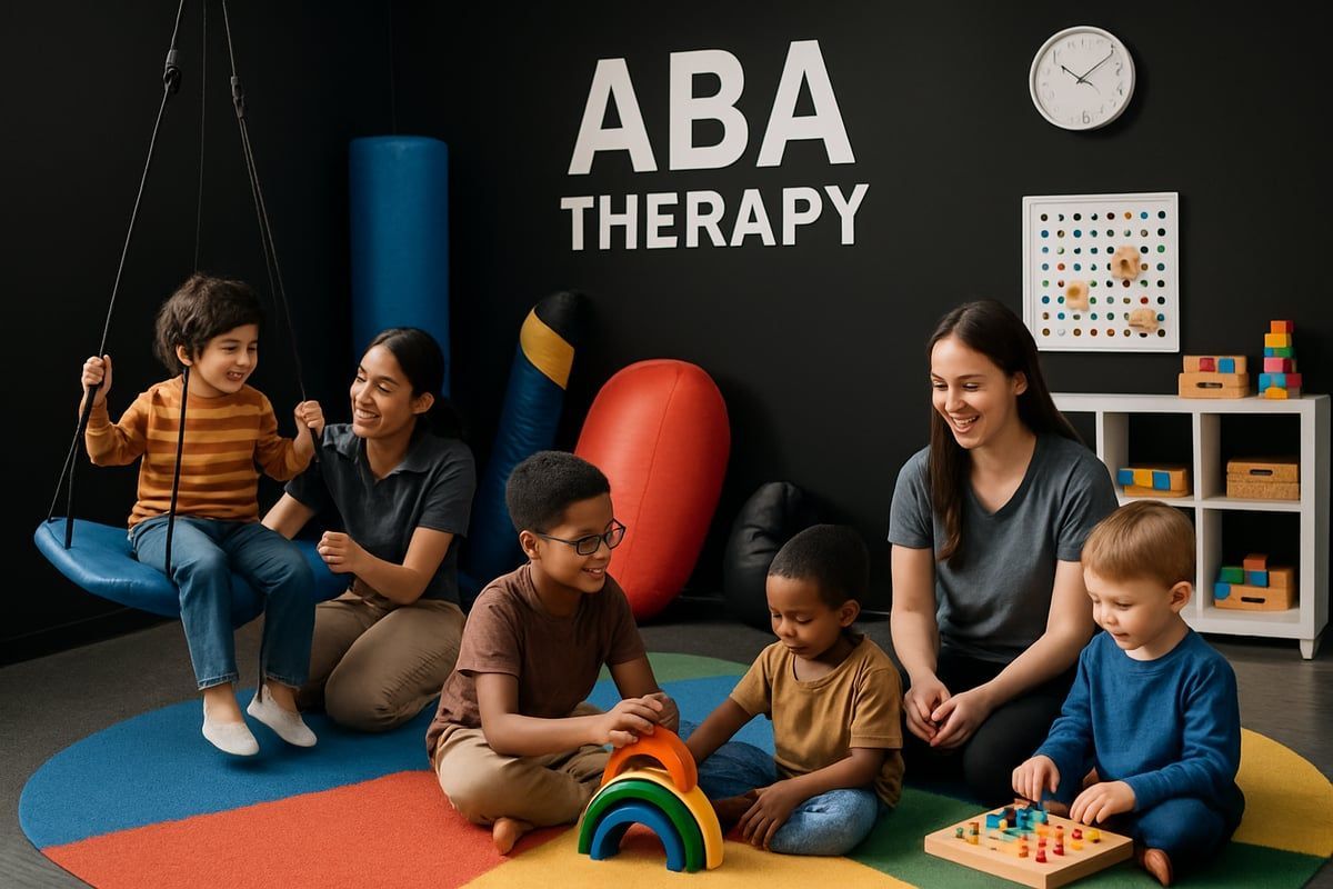 Children and therapists in a colorful therapy room. Kids play with toys, one on a swing. 