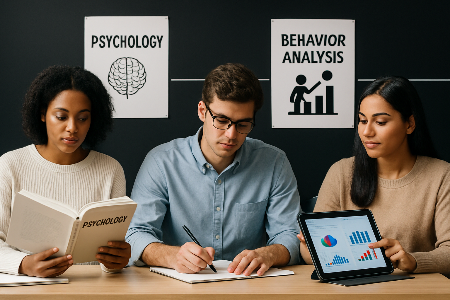 Three people studying at a table with Psychology and Behavior Analysis posters in the background.