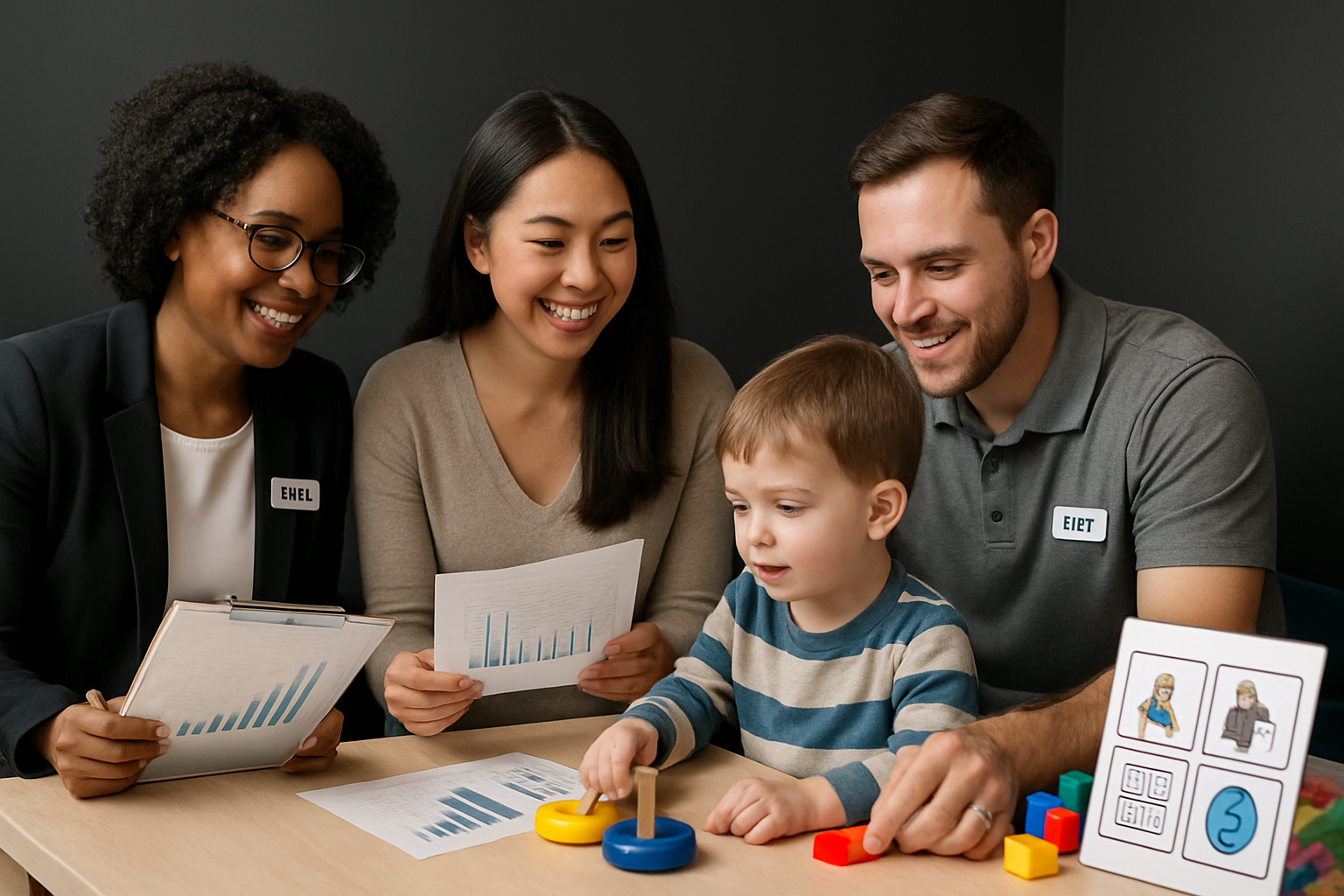 A child plays with toys at a table with two adults and a professional; all are smiling.