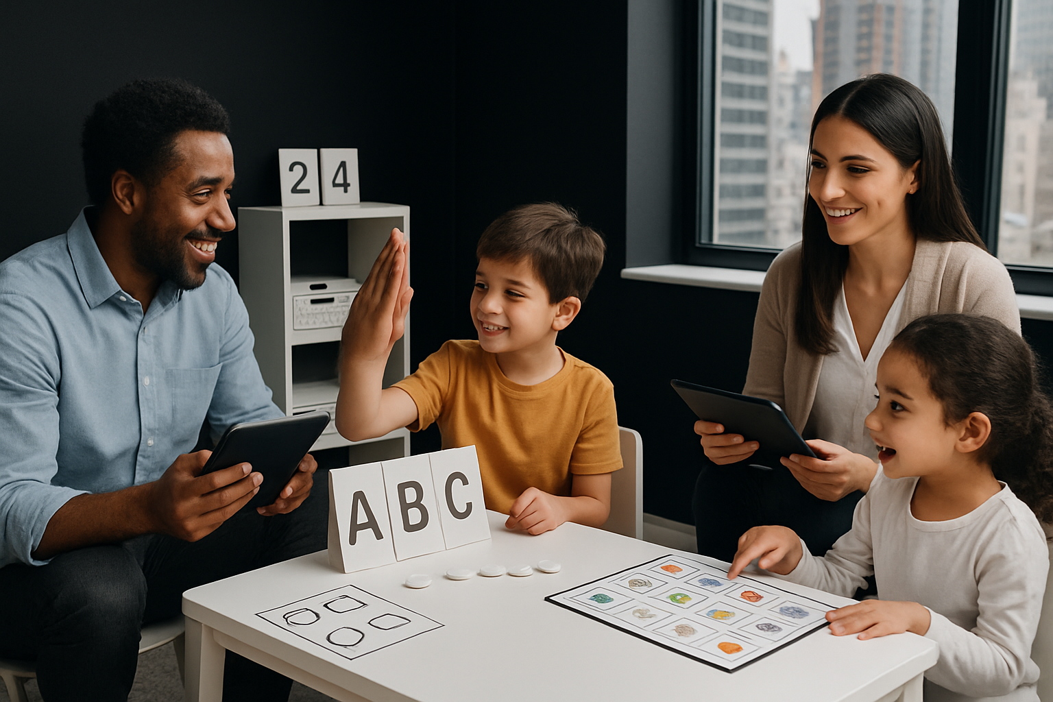 Two adults and two children at a table playing games and giving a high-five in a room with a window.