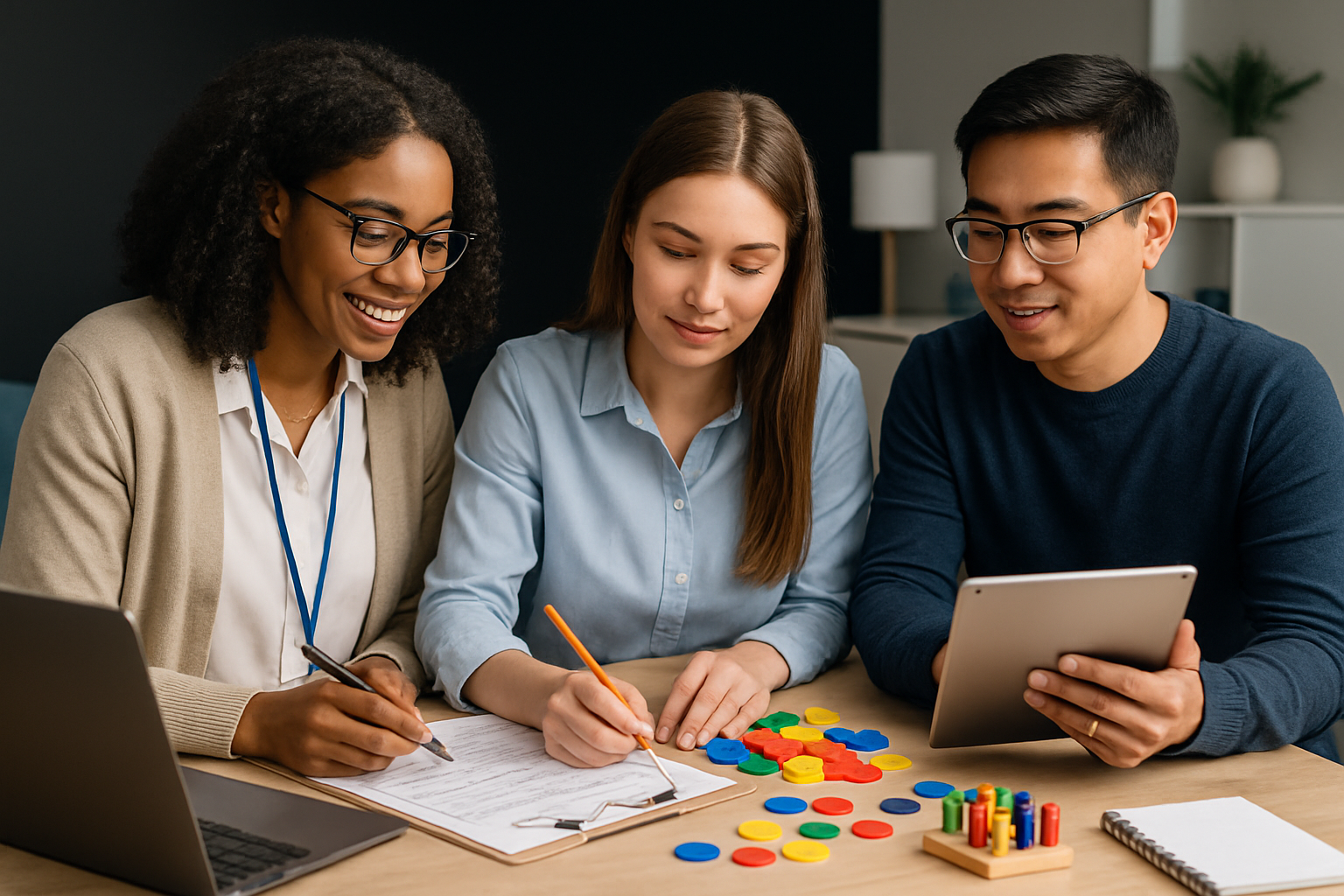 Three people working at a table, one using a laptop, two writing, and a tablet. Colorful shapes are scattered.