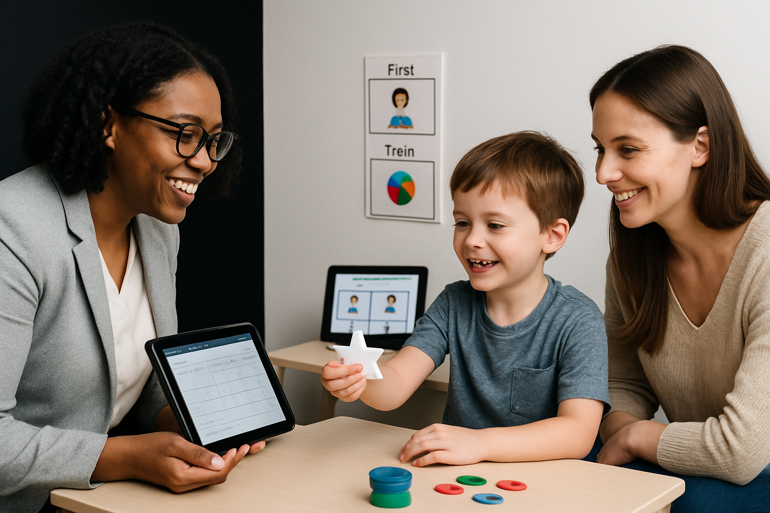 Woman with glasses shows a tablet to a boy and another woman; boy holds a star. Room with a schedule chart.