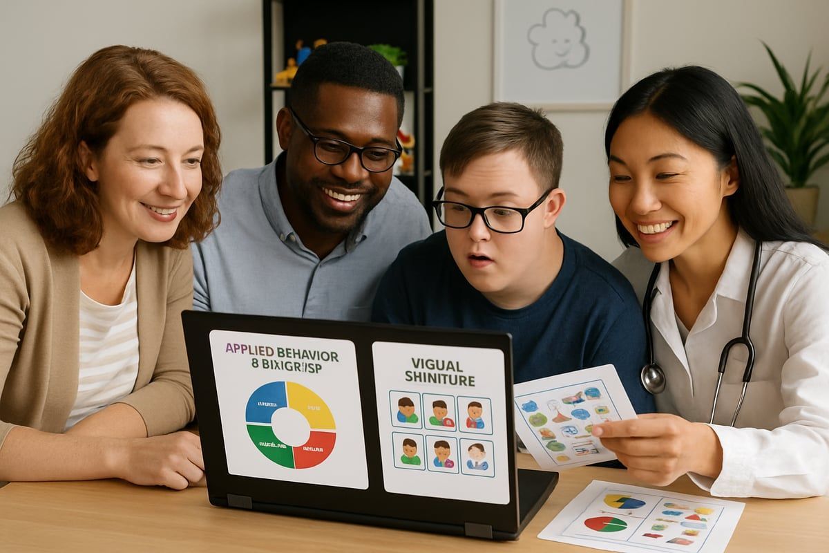 Family and doctor reviewing a laptop with charts. The family is smiling while the doctor holds paperwork.