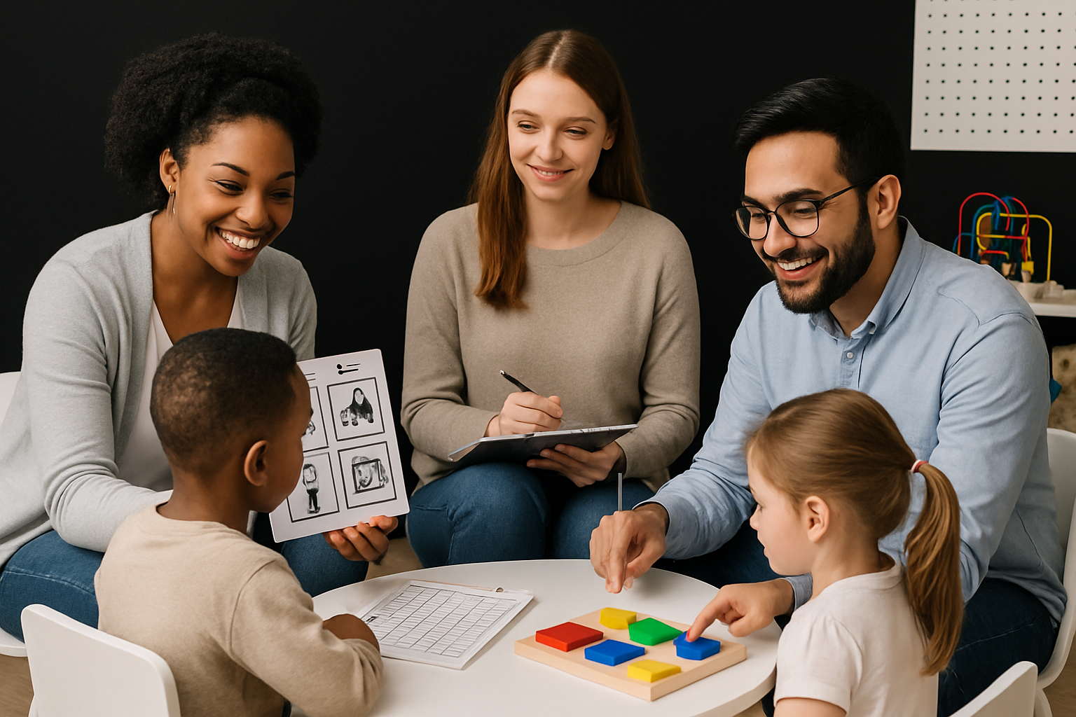 Two therapists working with two children at a table, using puzzles and illustrations; smiles present.