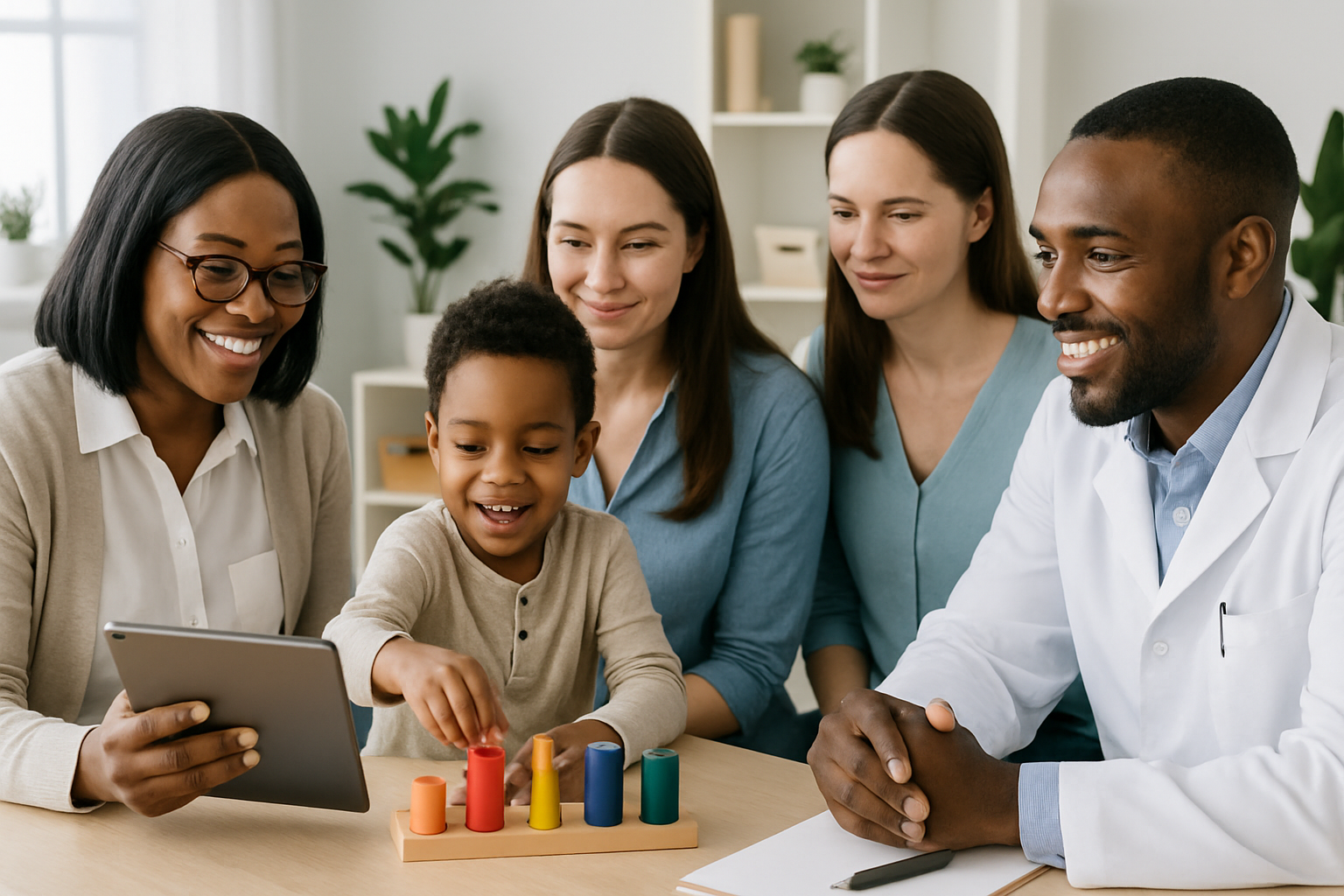 Child plays with colorful blocks; two adults and two professionals watch and smile.
