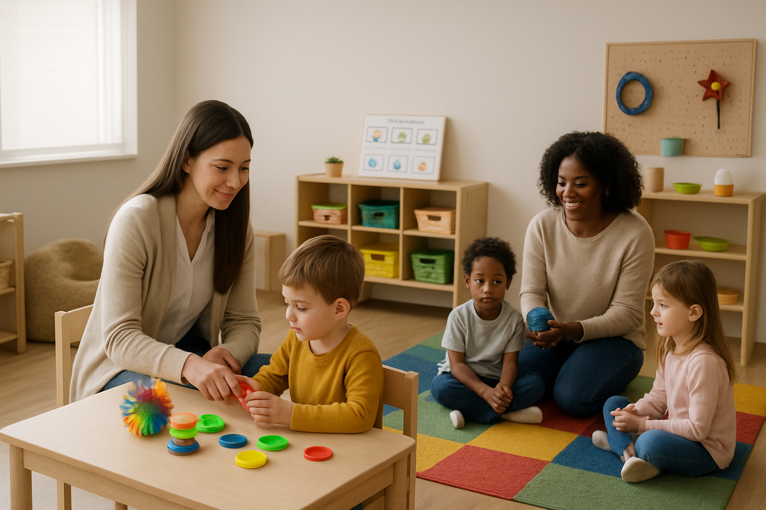 Two teachers and three children in a classroom. They are playing with colorful toys, with smiles.