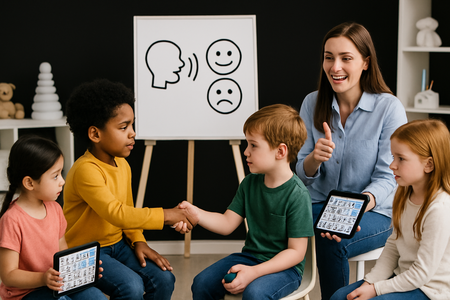 Children shaking hands; teacher gives thumbs-up, smiles. Whiteboard with speech bubble and emojis.