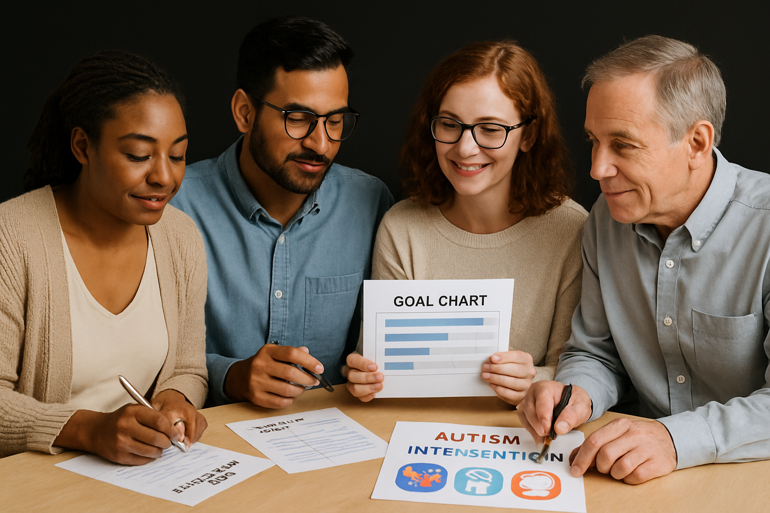 Four people at a table, looking at documents. One woman writes, another holds a goal chart, and two others look on.