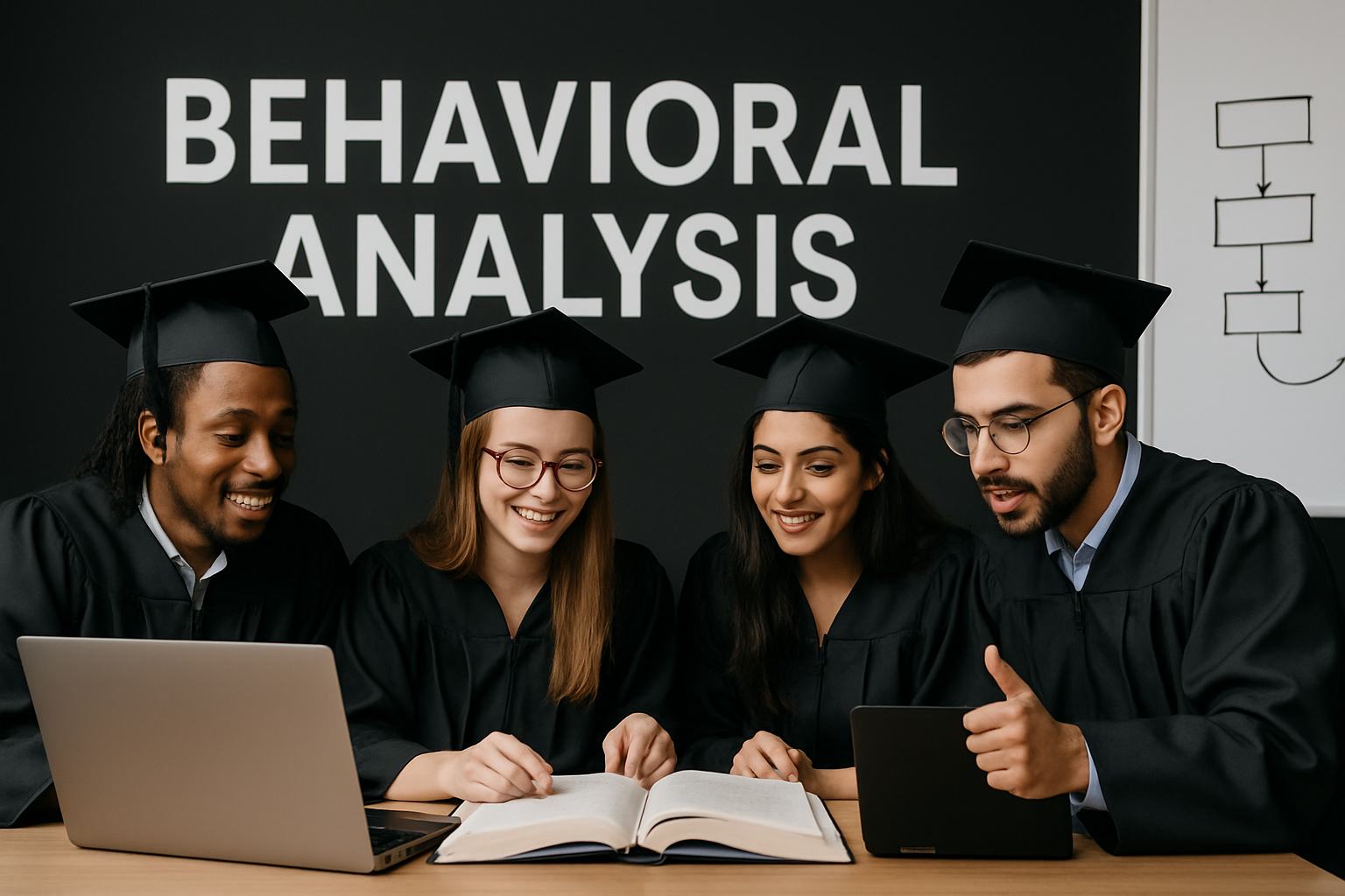 Graduates in caps and gowns study together with laptop and books; 