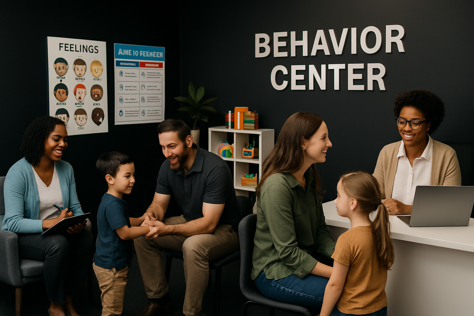 People at a behavior center: families with children talking with staff.
