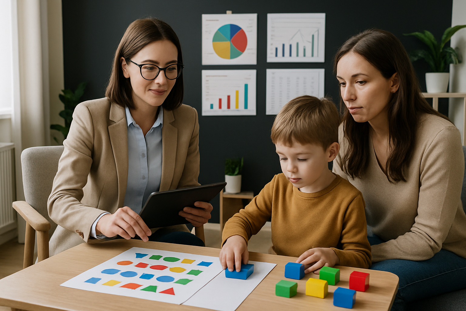 A therapist, child, and mother assess blocks and shapes at a table. Charts hang on the wall.