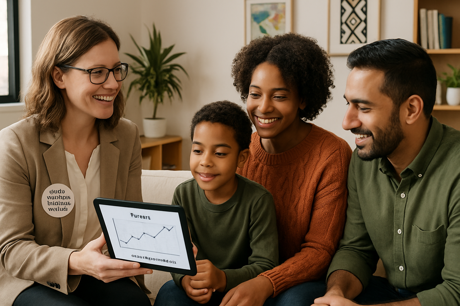 A woman shows a graph on a tablet to a smiling family. They sit indoors near a window and plants.