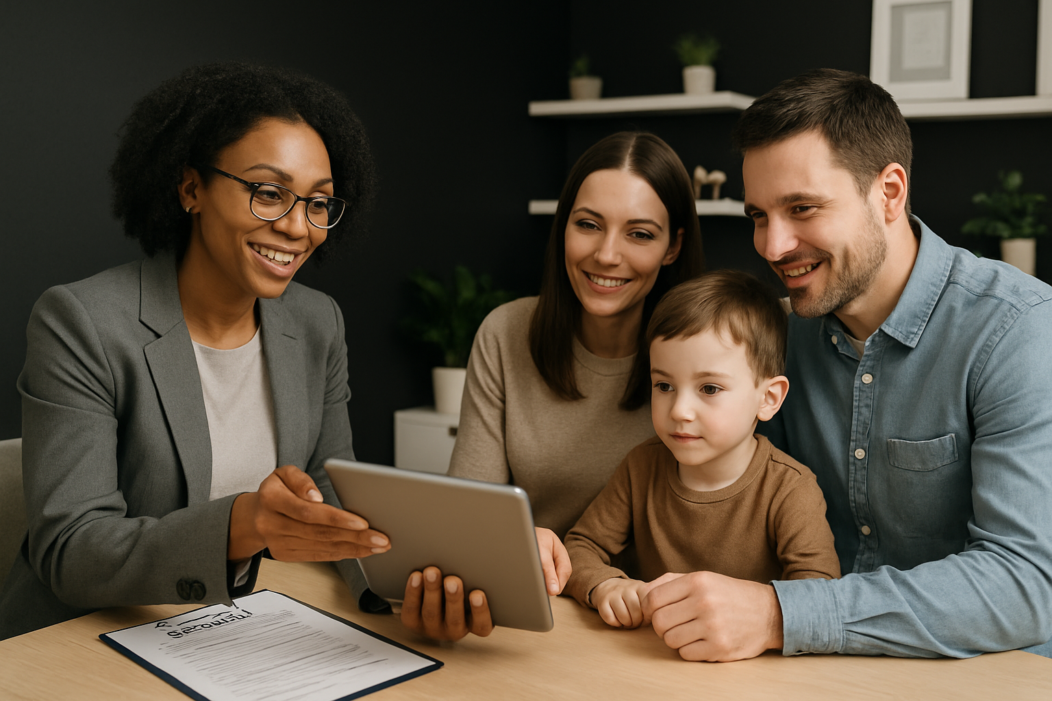 Woman in glasses shows tablet to a smiling couple and child at a table.