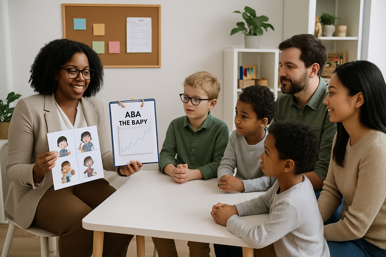 Therapist showing emotion chart to children and parents in a brightly lit room.