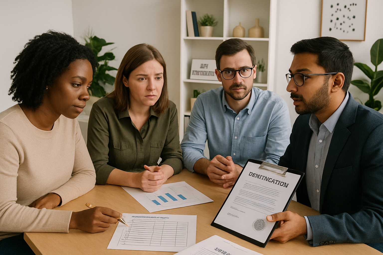 Four people reviewing documents at a table. One points while another holds a clipboard, all appear focused.