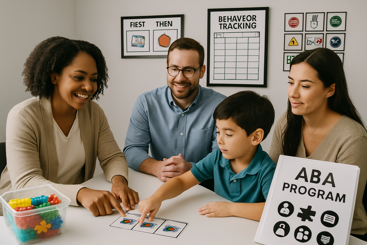 A child in ABA therapy points at flashcards with a therapist and parents; a whiteboard on the side.