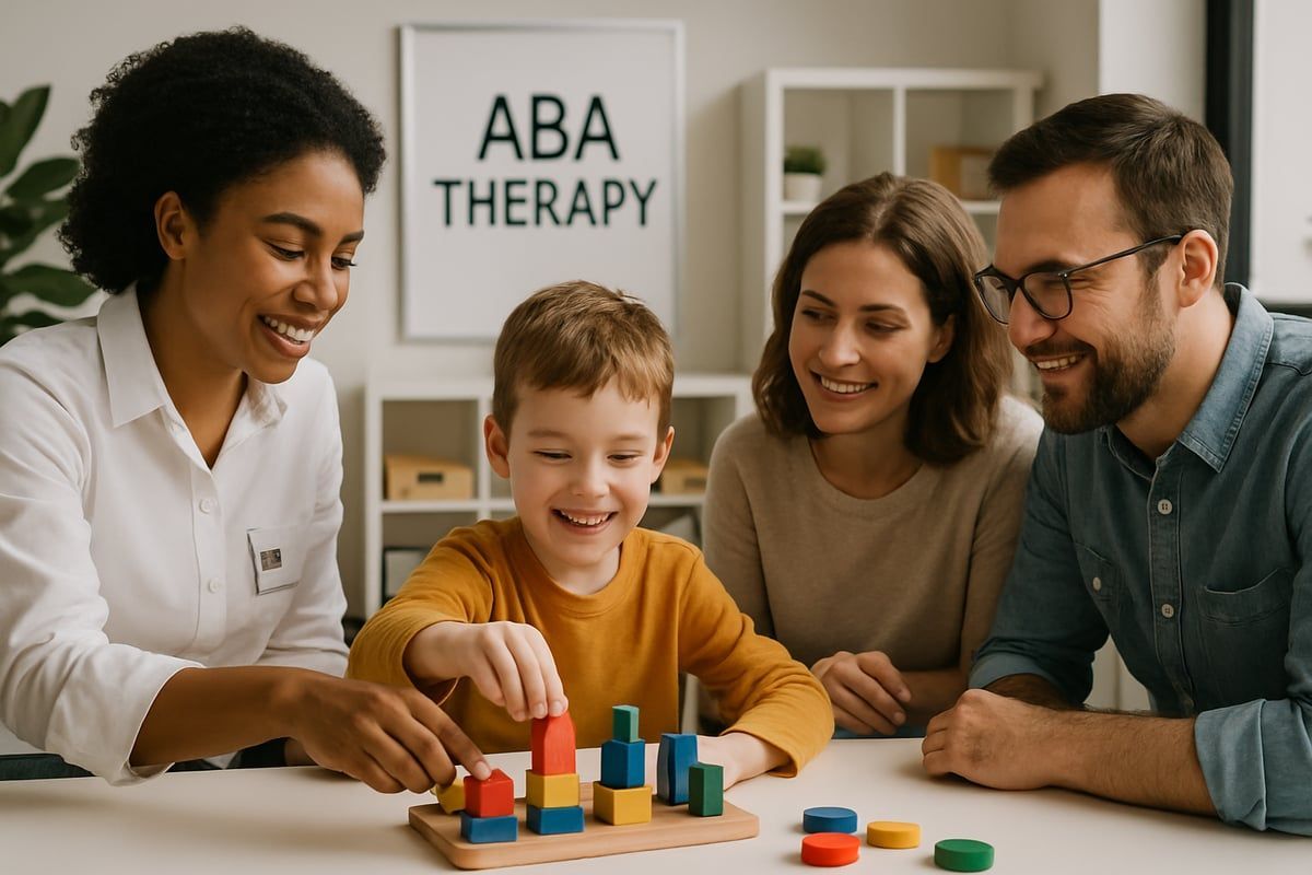 Child with parents and therapist building blocks; room with ABA Therapy sign.