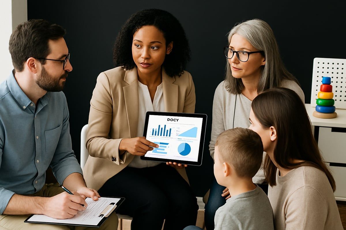 Woman presenting graphs on tablet to a group including a child; indoors.