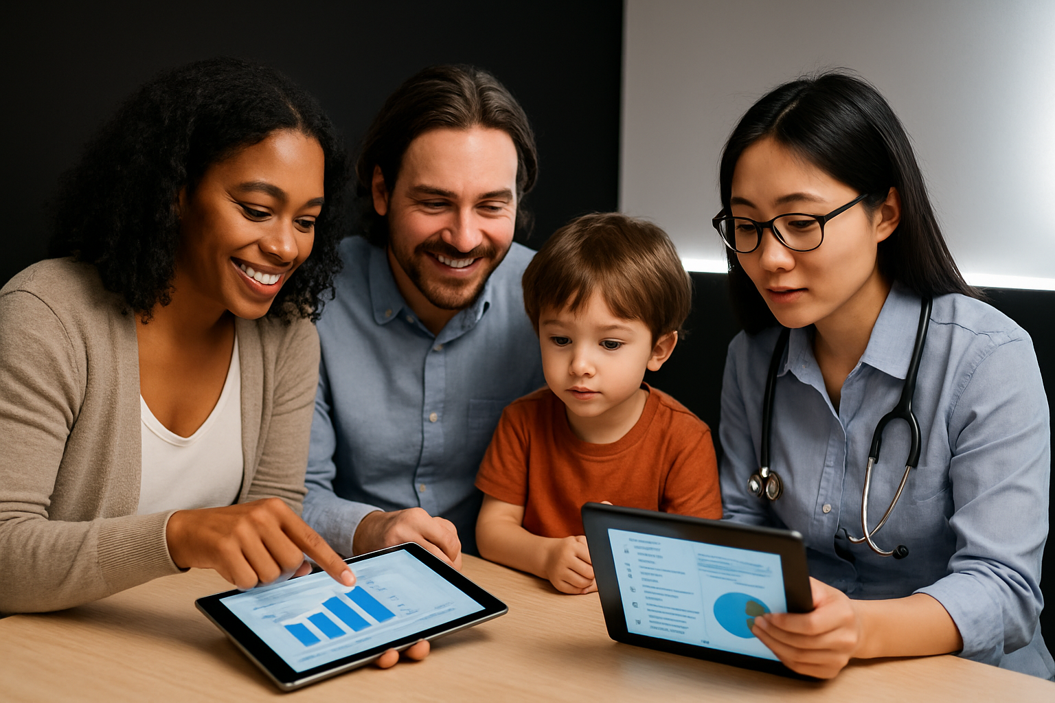 Family with doctor viewing tablets showing charts.