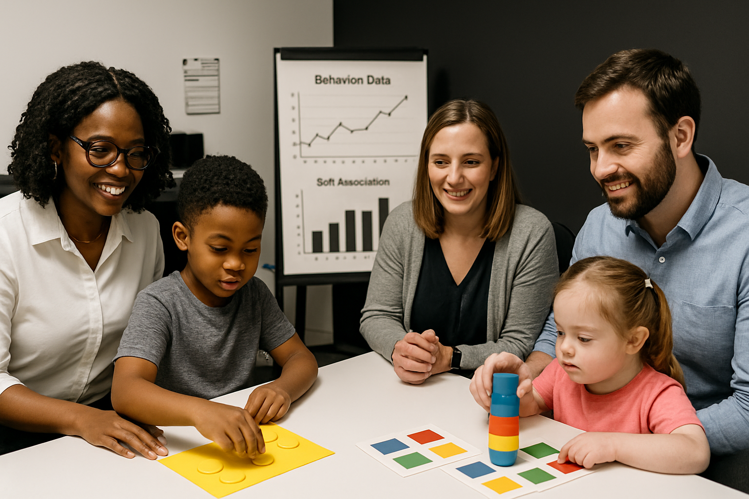 Group of people interacting with children, playing with toys at a table; chart in background.