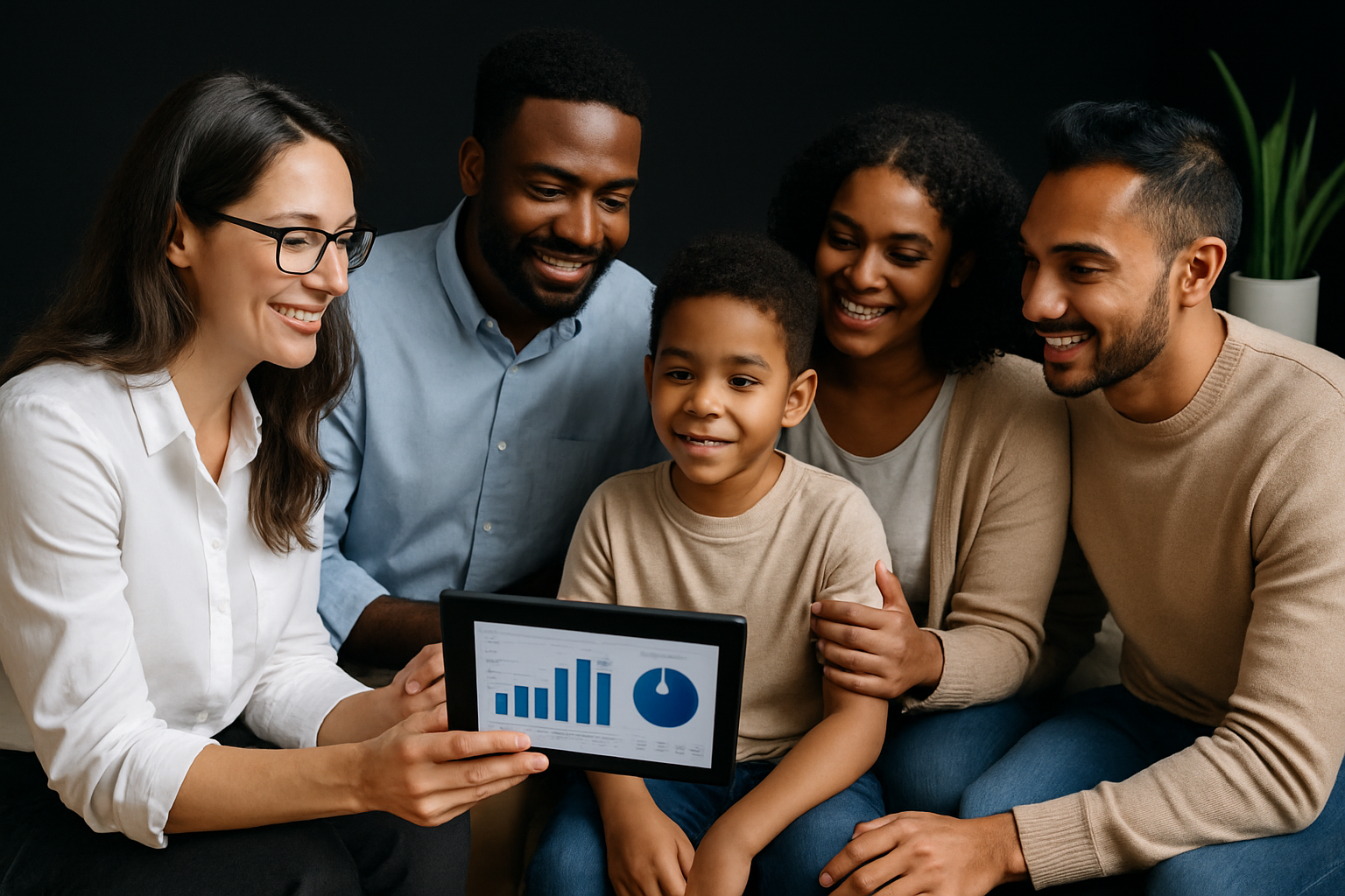 Woman shows family a tablet displaying a financial chart.