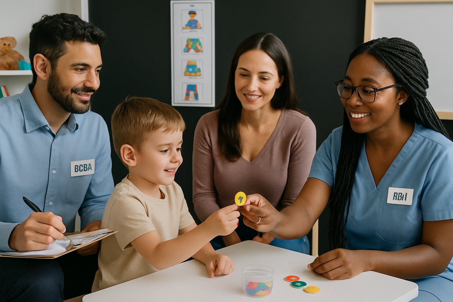 A child interacts with a therapist while a parent and another therapist observe in a therapy session.