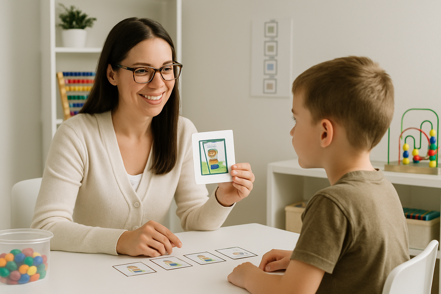 Woman shows a card to a child at a table. Both smile. Room with toys.
