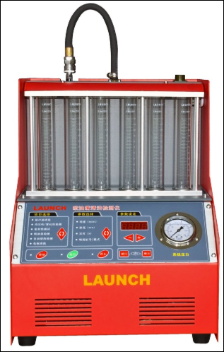 Red and gray fuel injector cleaning machine with multiple tubes and gauge - Darwin Auto Mobile Care in Woolner, NT