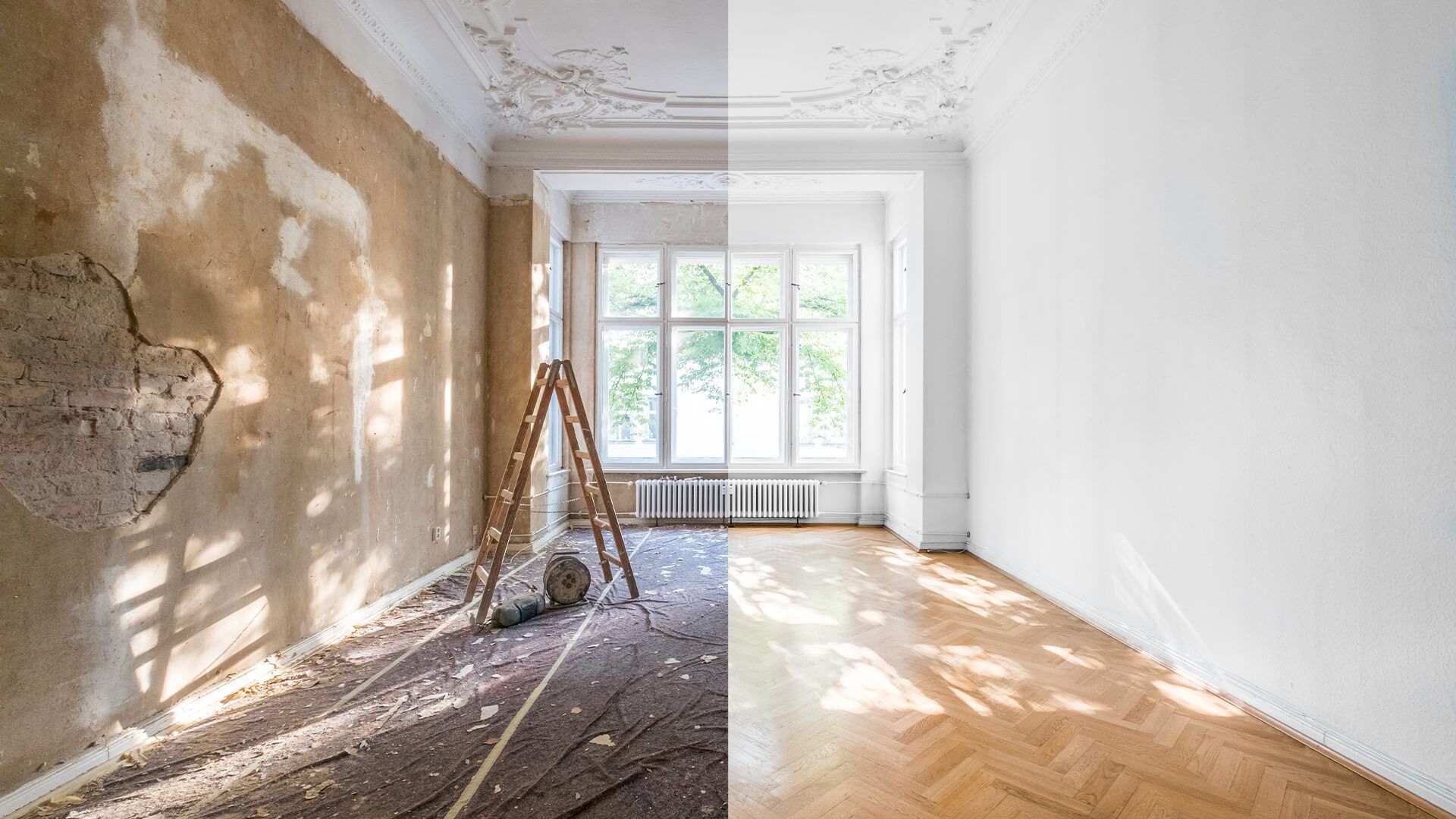 A before and after photo of a room being remodeled.
