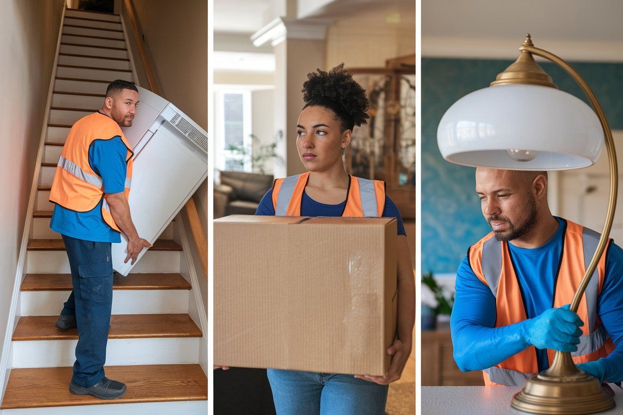 Movers carrying items: refrigerator up stairs, box, lamp. All wear orange safety vests, blue shirts.