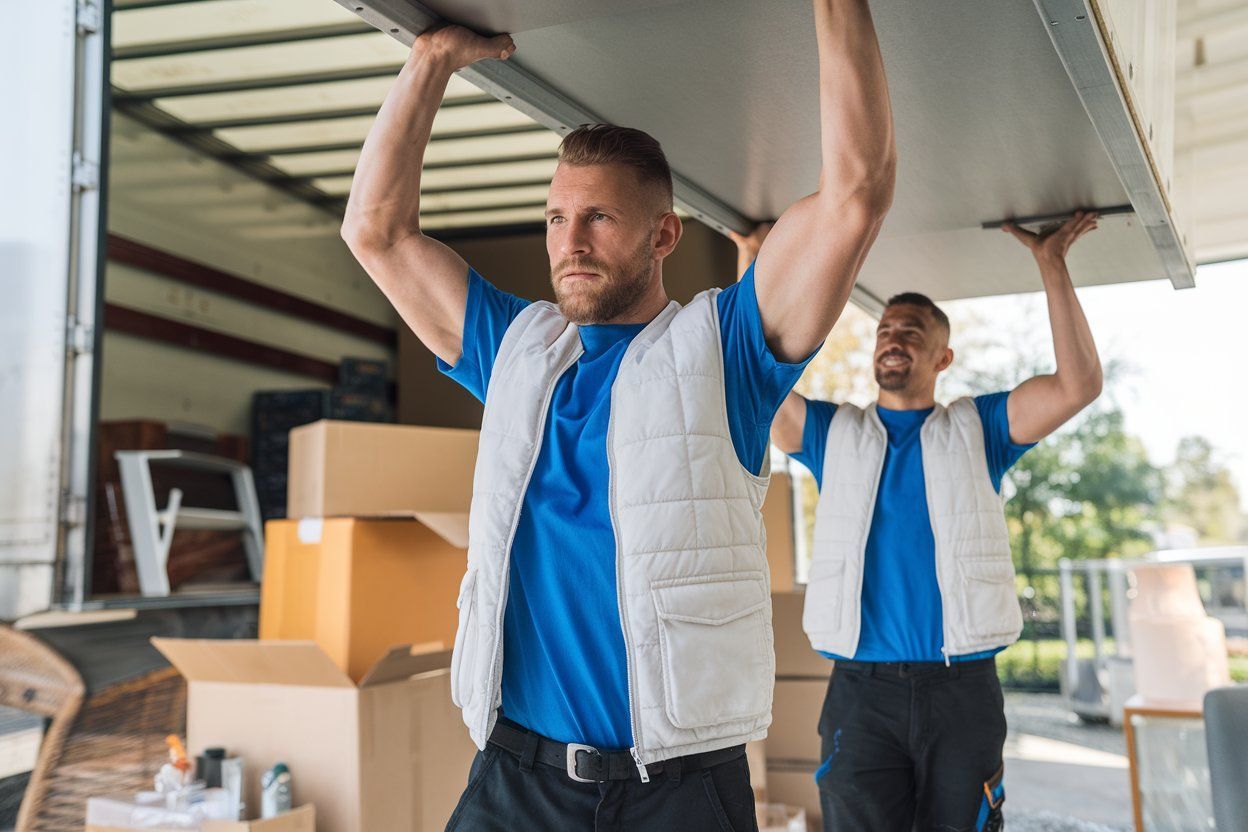 Two men are carrying a table over their heads from a truck.