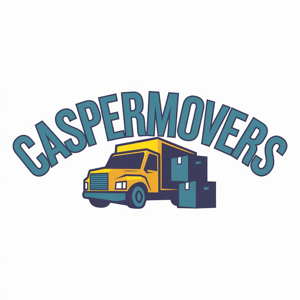 Logo of Casper Movers, with a yellow truck and blue boxes, arched text over it.