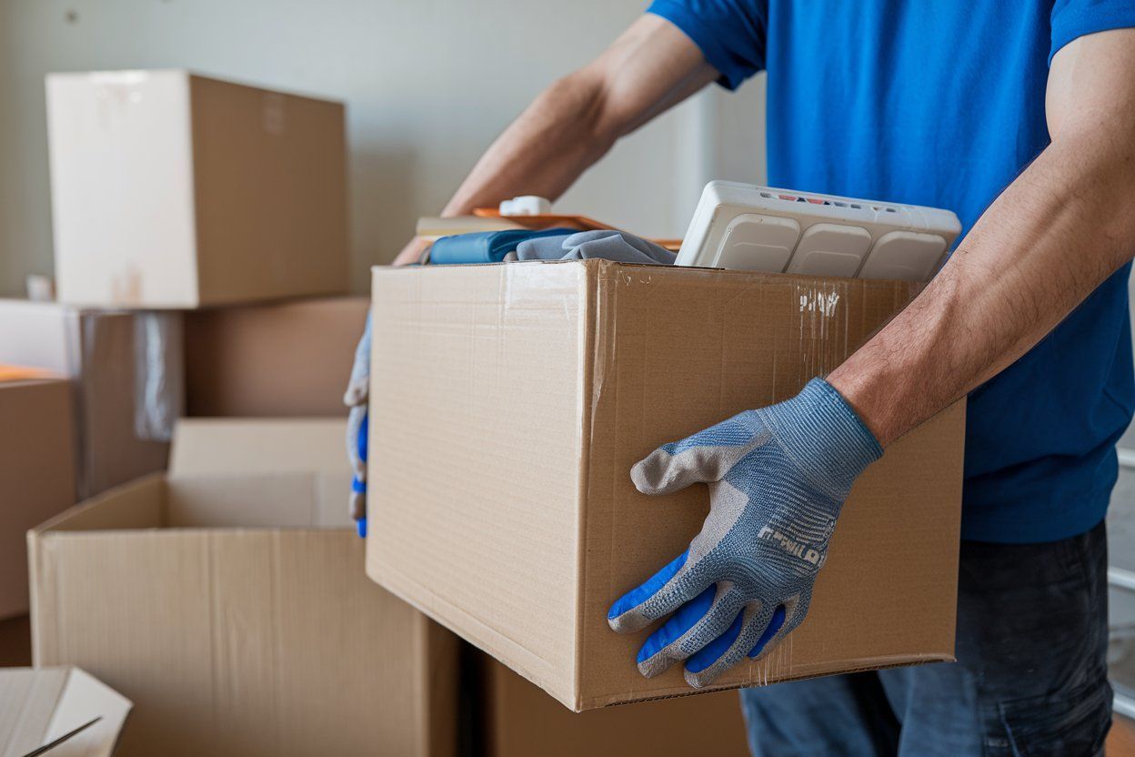 A man wearing gloves is holding a cardboard box.