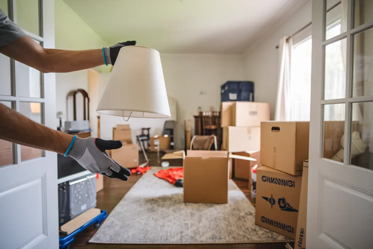 A man is holding a lampshade in a living room filled with cardboard boxes.